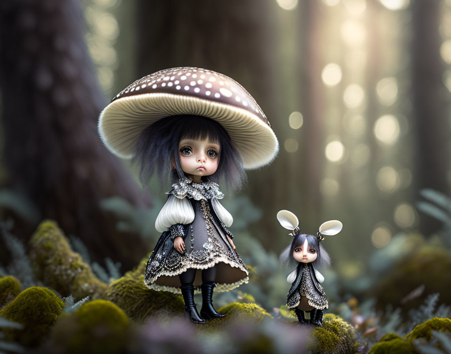 Fantastical humanoid mushroom and rabbit dolls in enchanted forest.