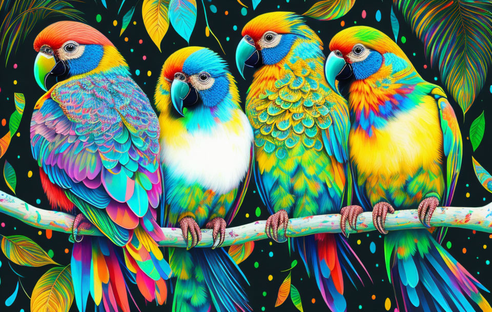 Four Vibrant Parrots Perched on Branch with Multicolored Leaves