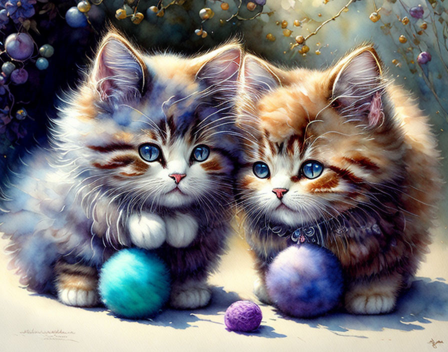 Adorable kittens with blue eyes and yarn balls in floral setting