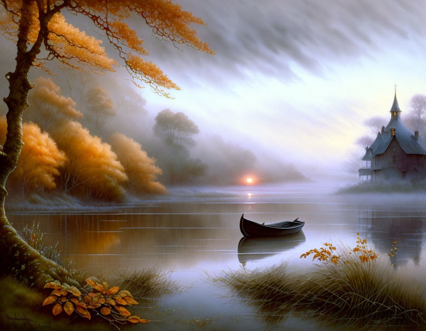 Tranquil autumn lake at twilight with boat, chapel, mist