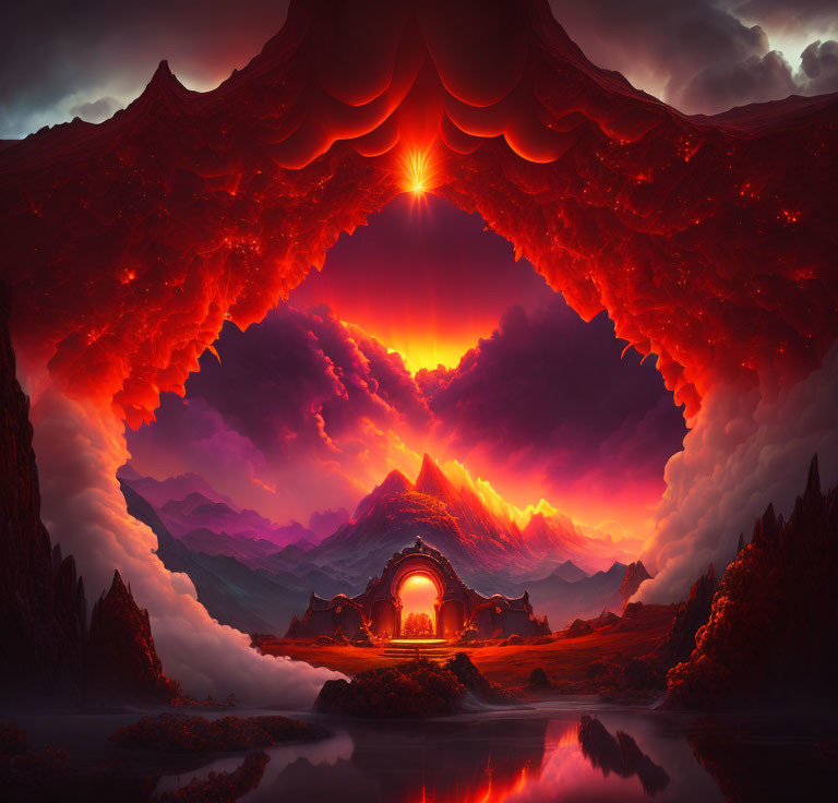 Fantasy landscape with glowing portal, volcanic terrain, red sky, and reflective lake