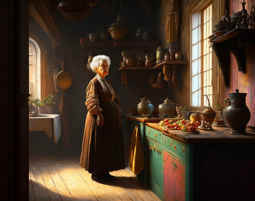 Vintage kitchen scene with elderly woman, pots, produce, and sunlight.