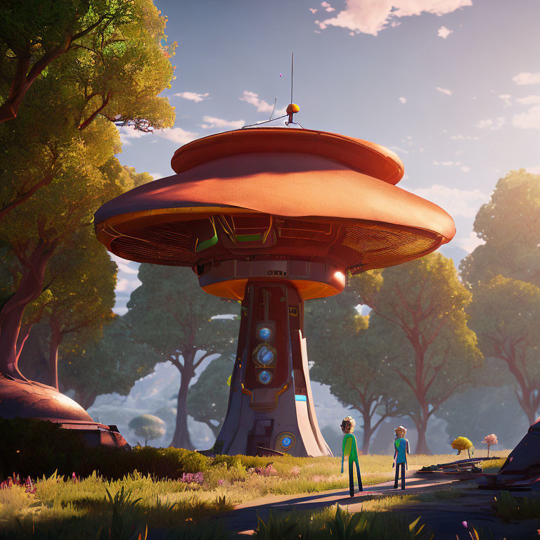 Futuristic mushroom-shaped building in lush forest with figures observing