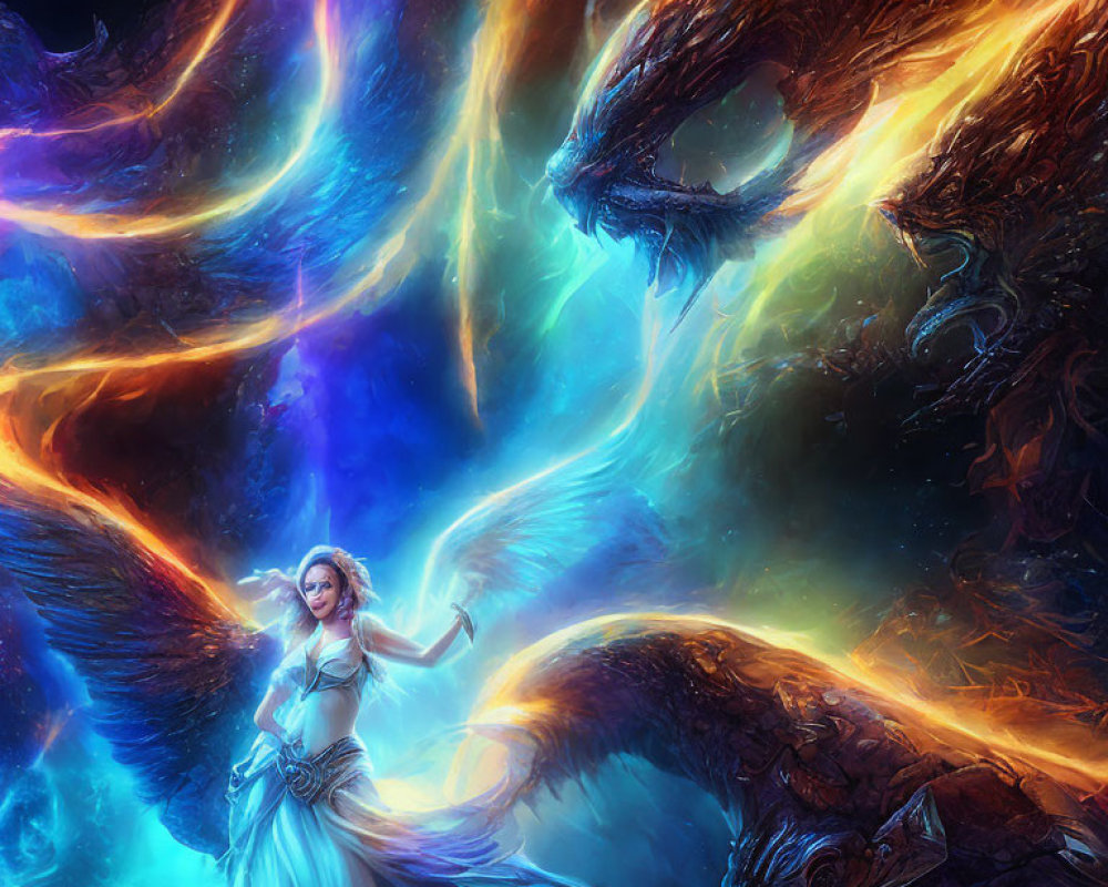 Woman in Blue Dress with Cosmic Dragons in Starry Background