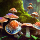 Fantastical mushrooms with starry caps in colorful forest scene