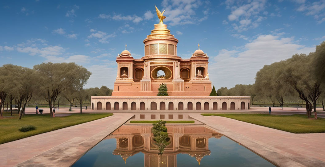 Symmetrical pink building with golden domes and spires by tranquil water