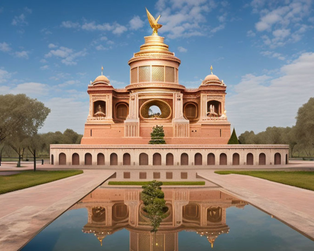 Symmetrical pink building with golden domes and spires by tranquil water