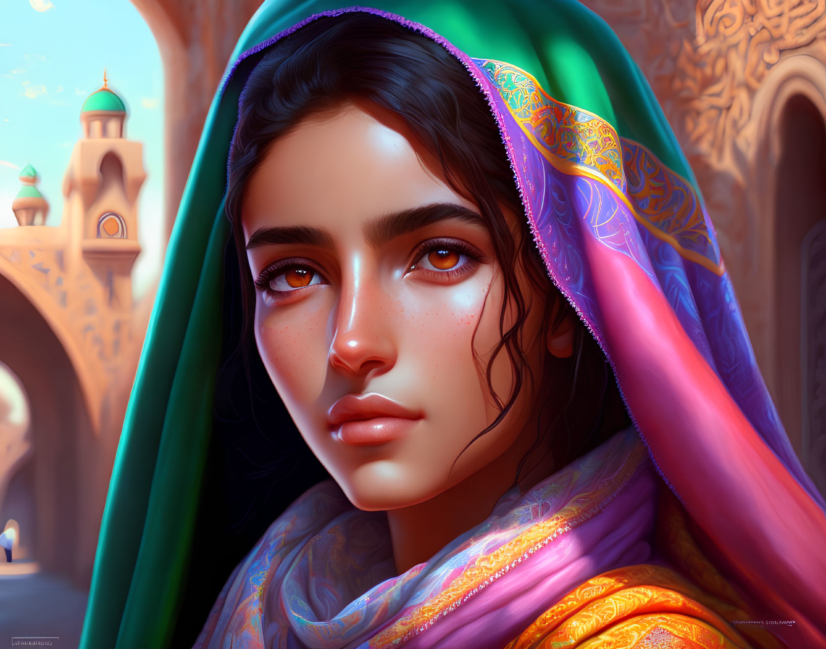 Dark-Haired Woman in Colorful Shawl Against Middle Eastern Architecture