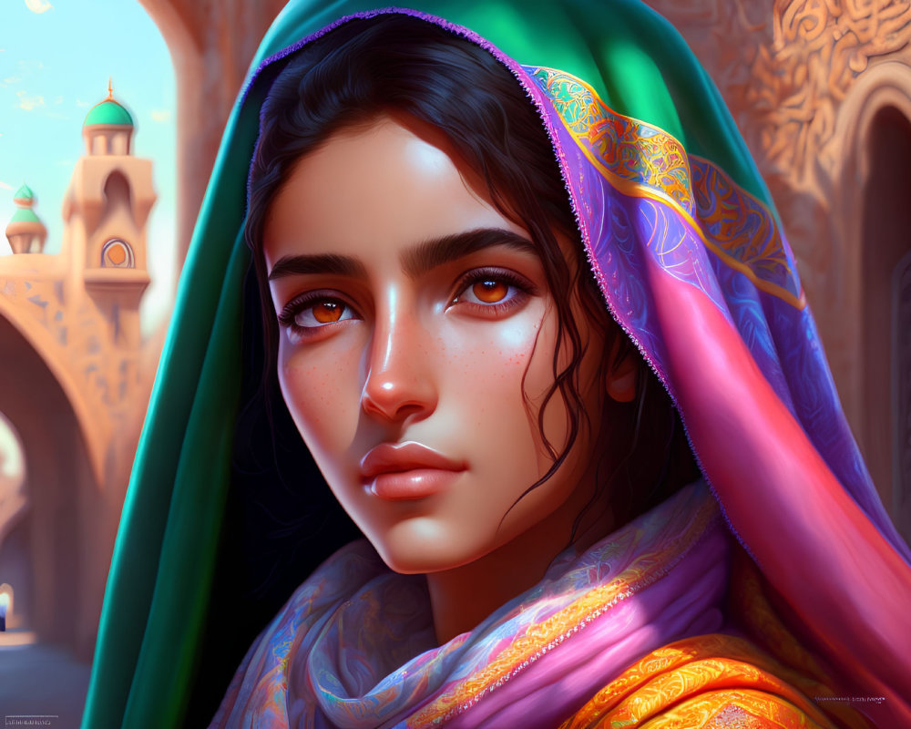 Dark-Haired Woman in Colorful Shawl Against Middle Eastern Architecture