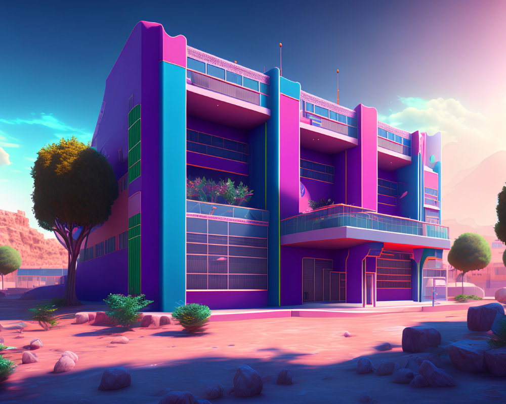 Colorful modern building illustration in purple and blue hues under a pink sky.