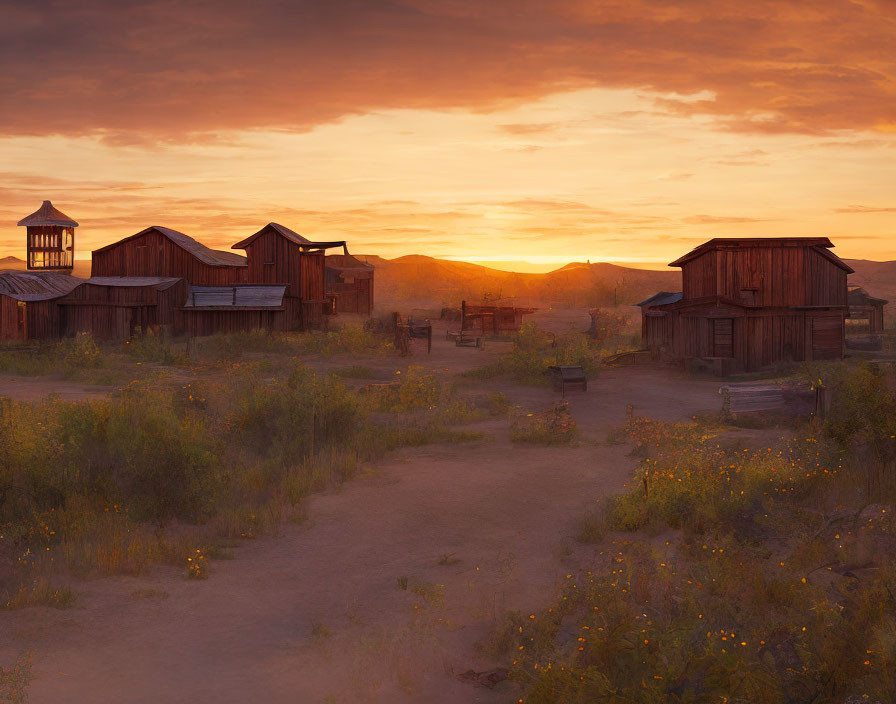 Abandoned Western ghost town at sunset with wooden buildings and wildflowers