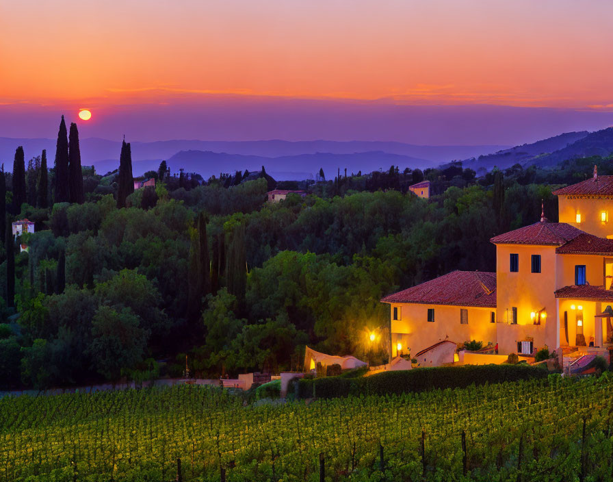 Vineyard sunset with lit villa, lush trees, and rolling hills