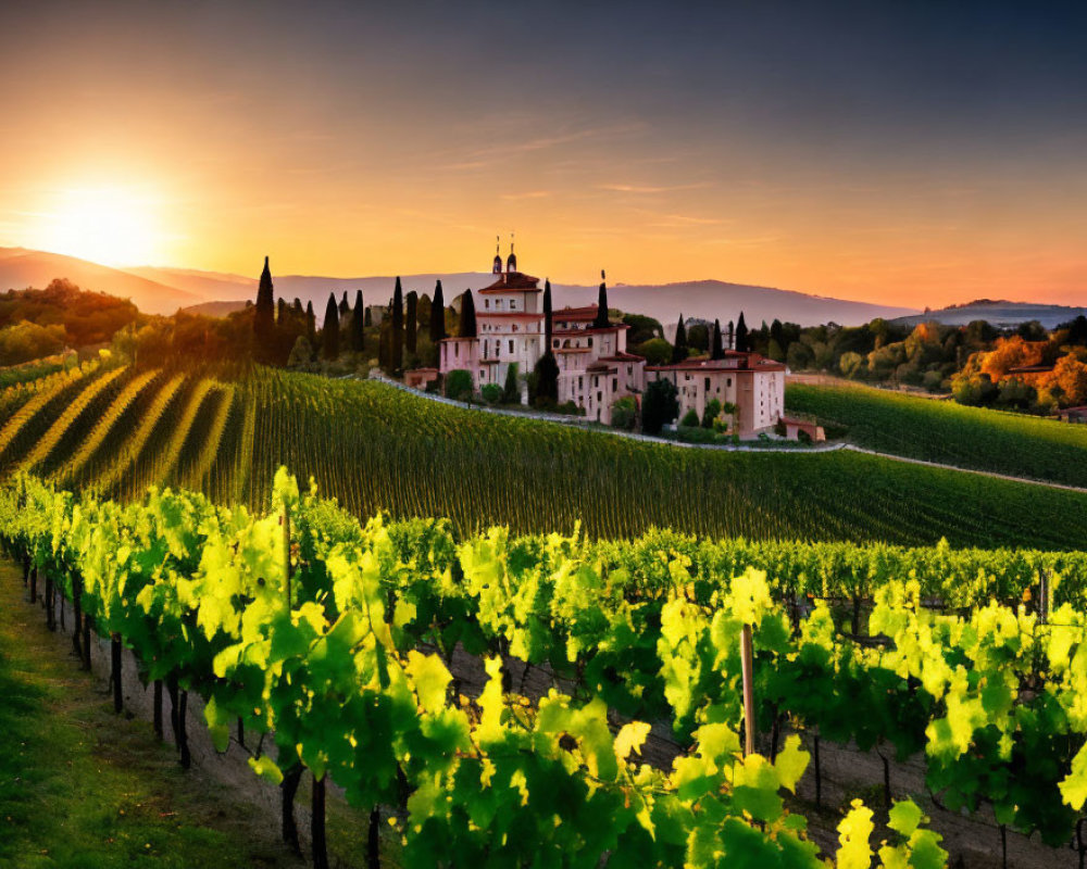 Scenic sunset view of vineyard and house on rolling hills