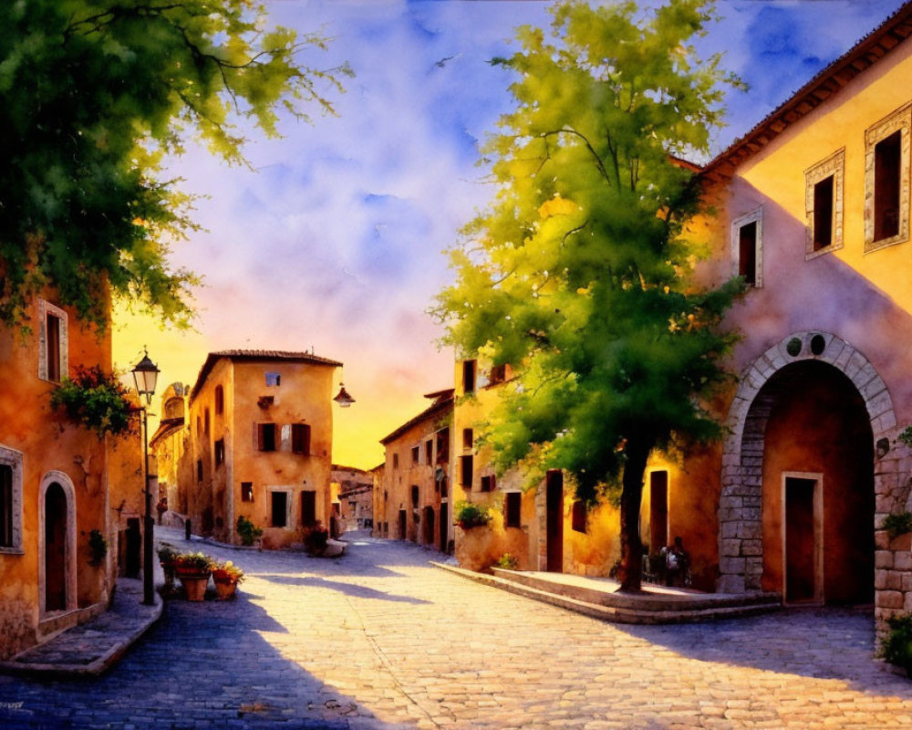 European cobblestone street painting with quaint buildings and lush trees.