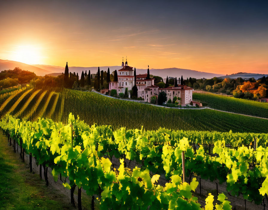 Scenic sunset view of vineyard and house on rolling hills