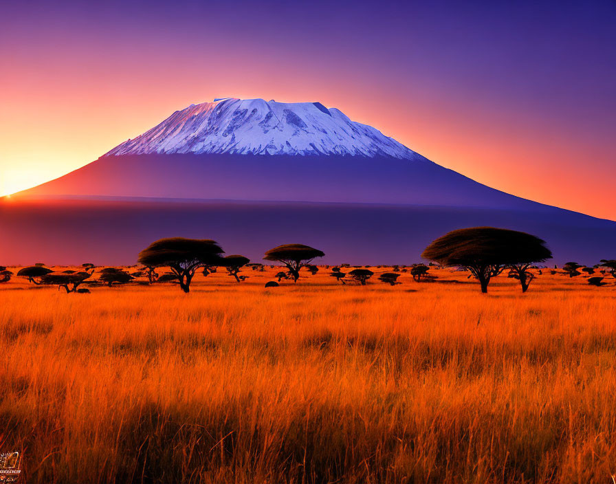 Sunset view of Mount Kilimanjaro over savannah with acacia trees