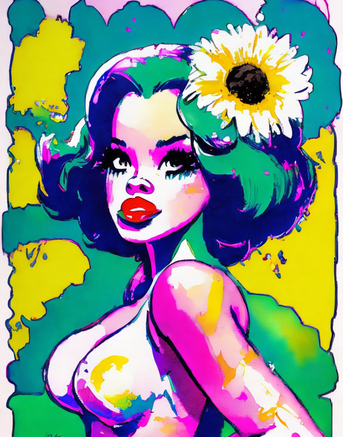 Colorful Pop Art Illustration of Woman with Floral Hairstyle