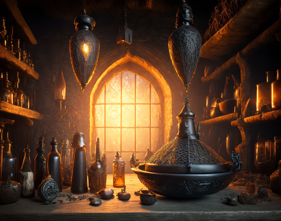 Mystical alchemist's laboratory with metal container, antique bottles, glowing window, and candlelight