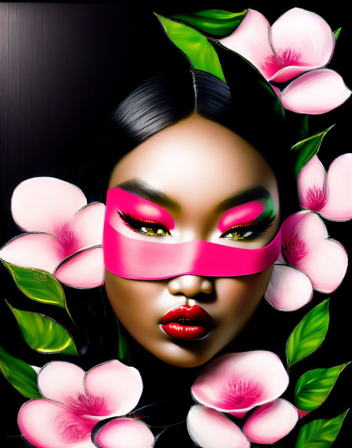 Illustration of woman with pink blindfold, surrounded by flowers and bold makeup