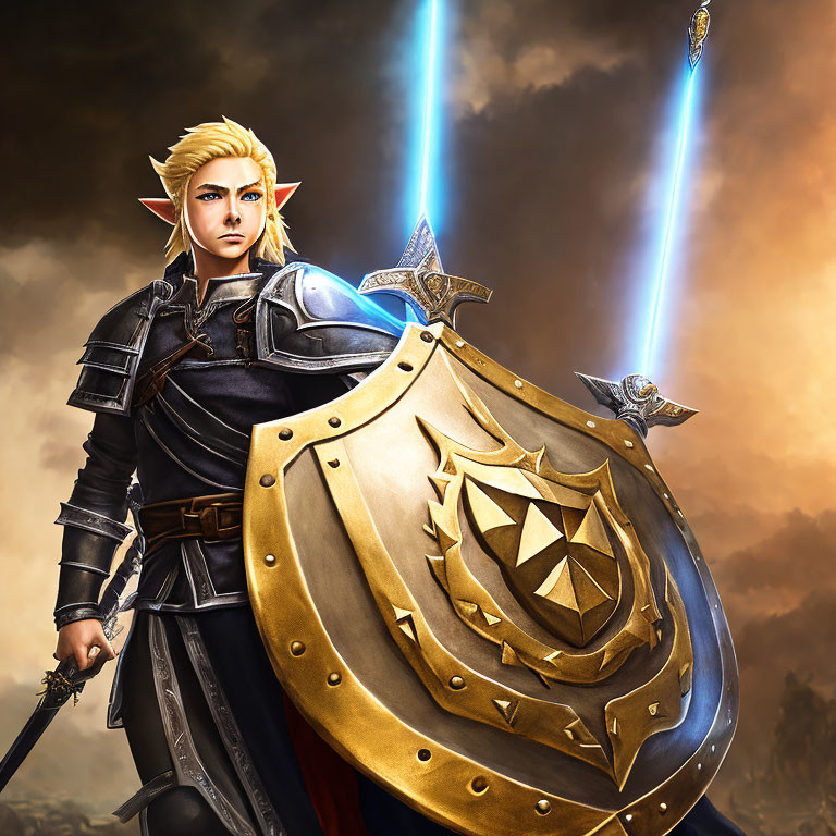 Illustrated elf warrior with triforce shield and sword under mystical sky