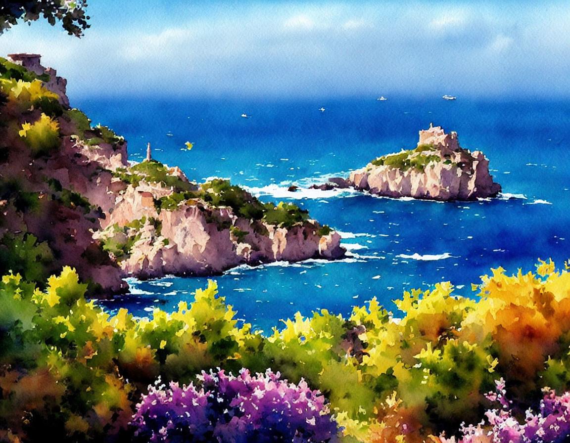 Colorful Watercolor Coastal Scene with Lush Foliage and Islet