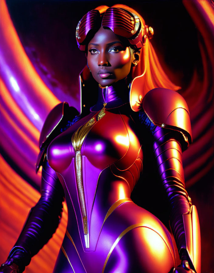 Futuristic woman in purple armor with gold accents on red and violet background