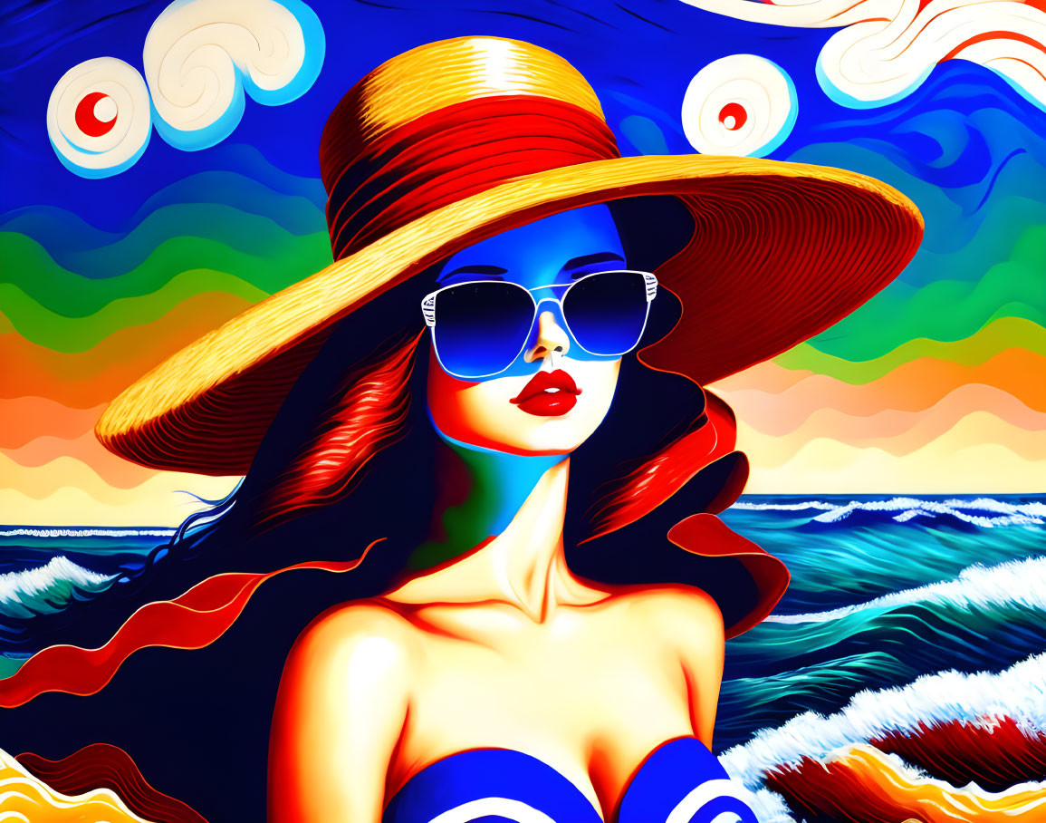 Colorful Illustration: Stylish Woman with Sunglasses and Wide-Brimmed Hat on Abstract Se