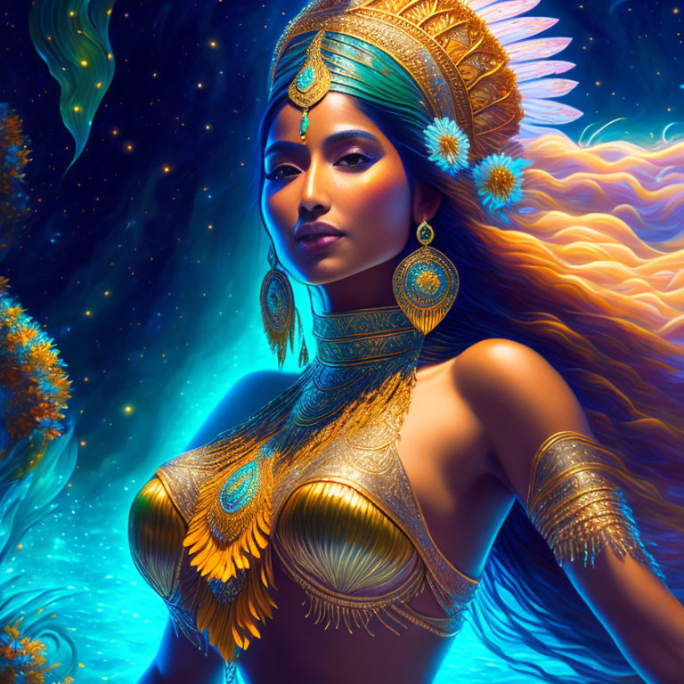 Regal woman illustration with golden jewelry on cosmic blue background