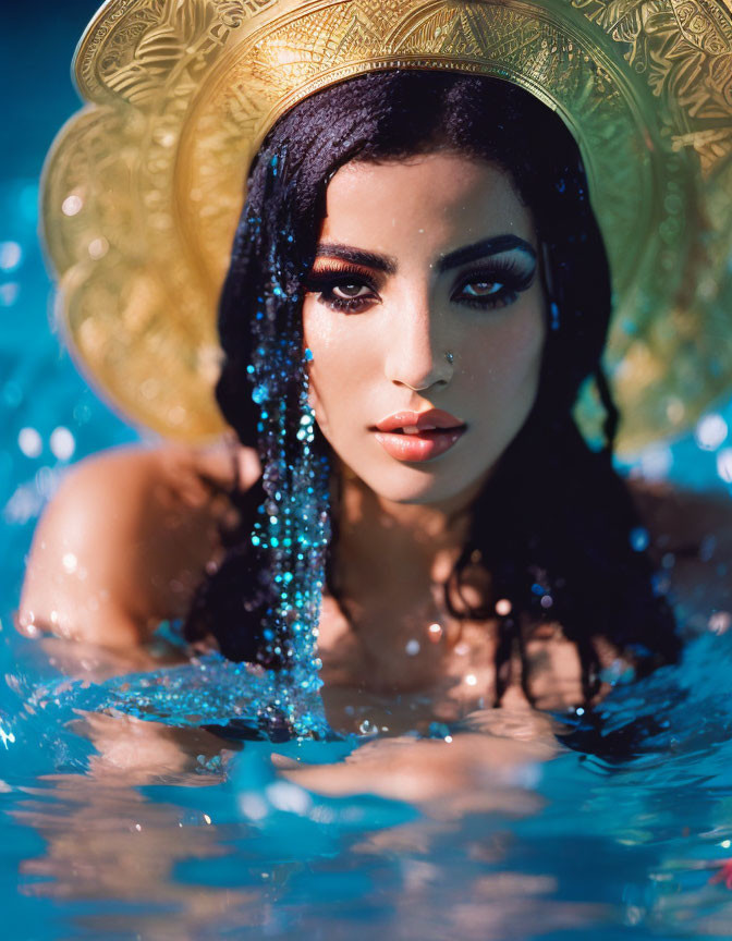 Woman with golden halo emerging from water against sunlit background