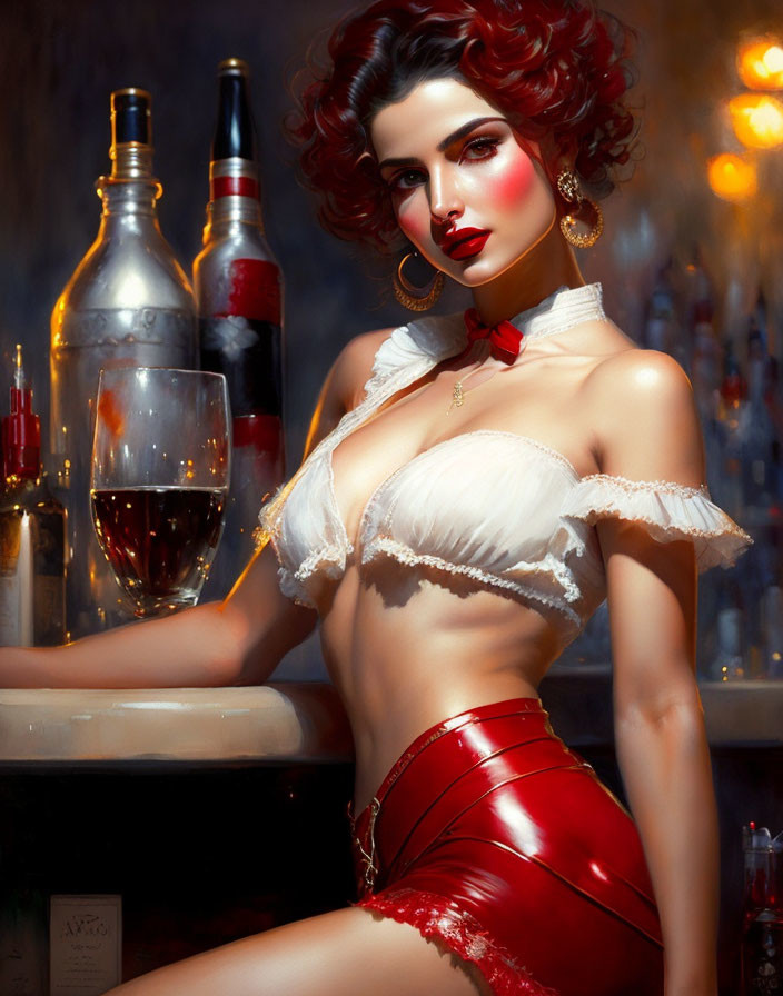 Red-haired woman in glamorous attire poses with wine bottles in the background