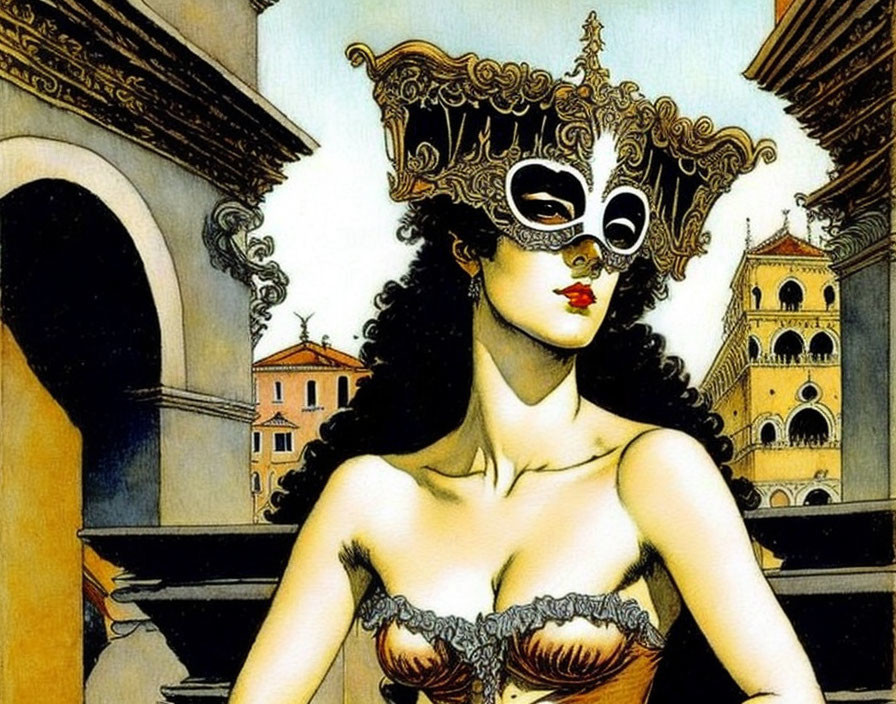 Woman in ornate mask and lingerie against Venice backdrop