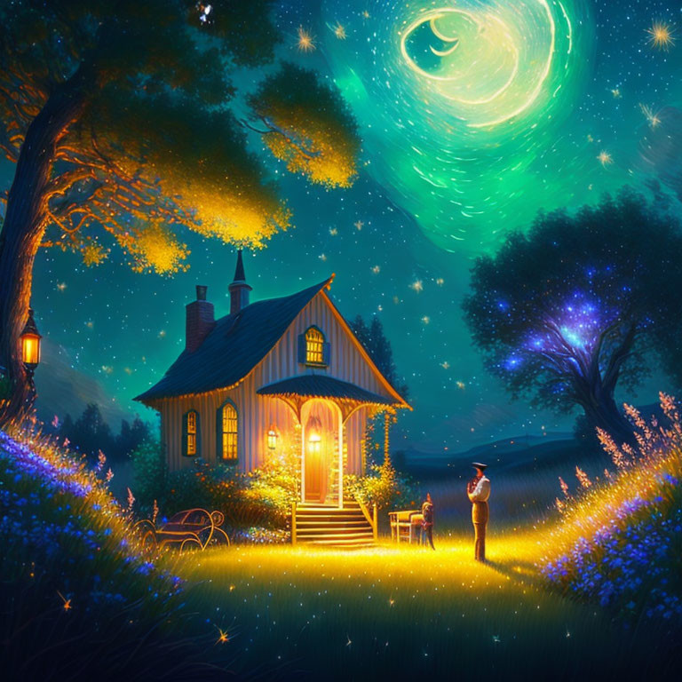 Person standing by quaint cottage under starry night sky with galaxy and glowing flowers