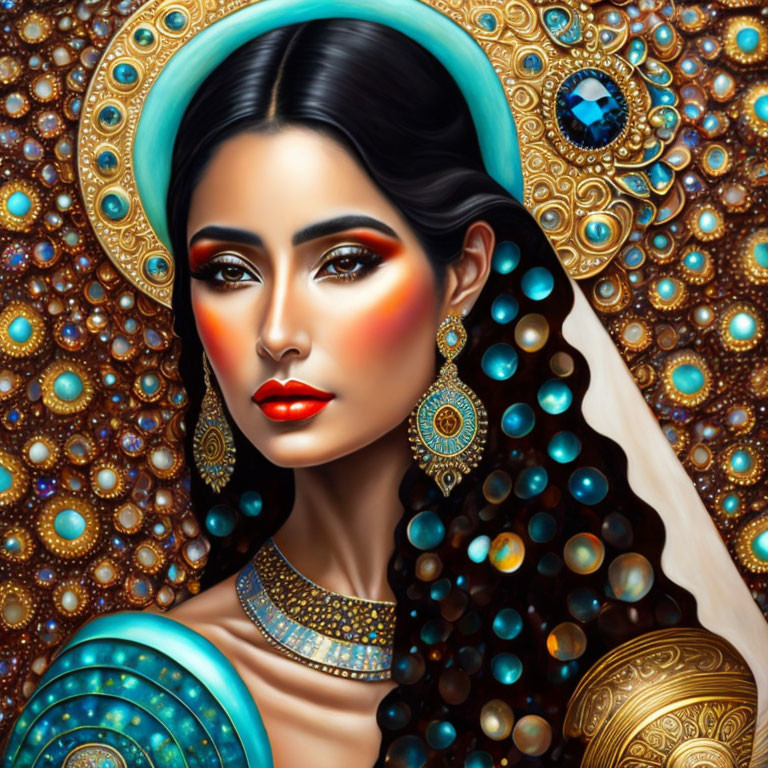 Portrait of Woman with Striking Makeup and Gold Jewelry Against Ornate Background