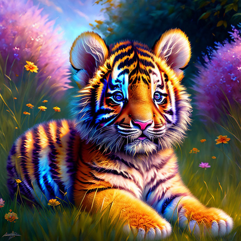 Colorful painting of tiger cub in meadow with purple and pink flowers