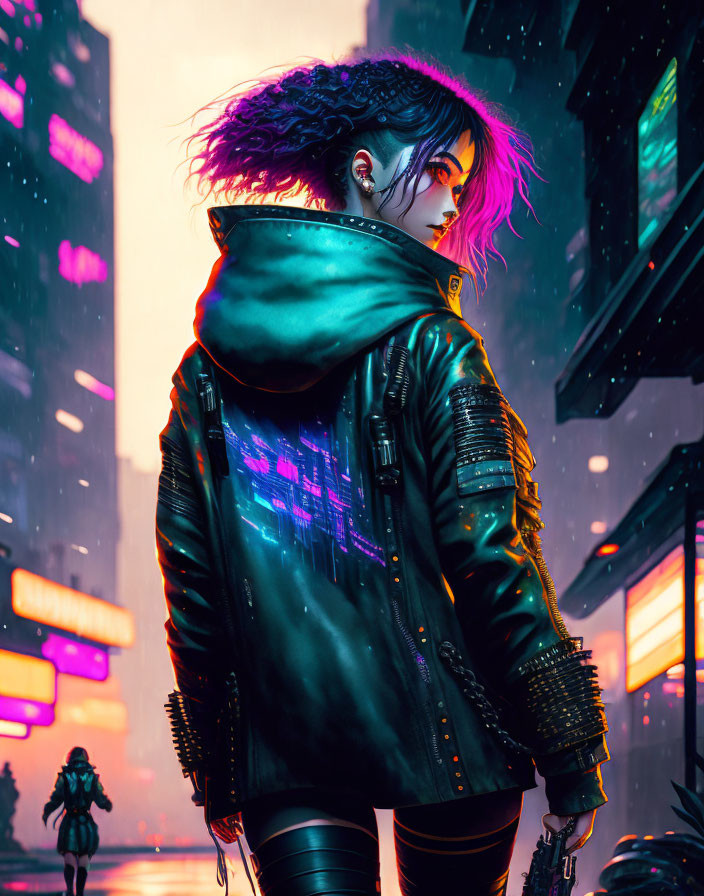 Purple-Streaked Hair Person in Leather Jacket on Neon-Lit Rainy Street