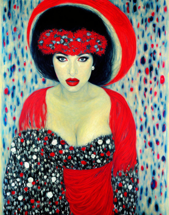 Portrait of woman with red hat, flowers, red hair & blue eyes against dotted blue background