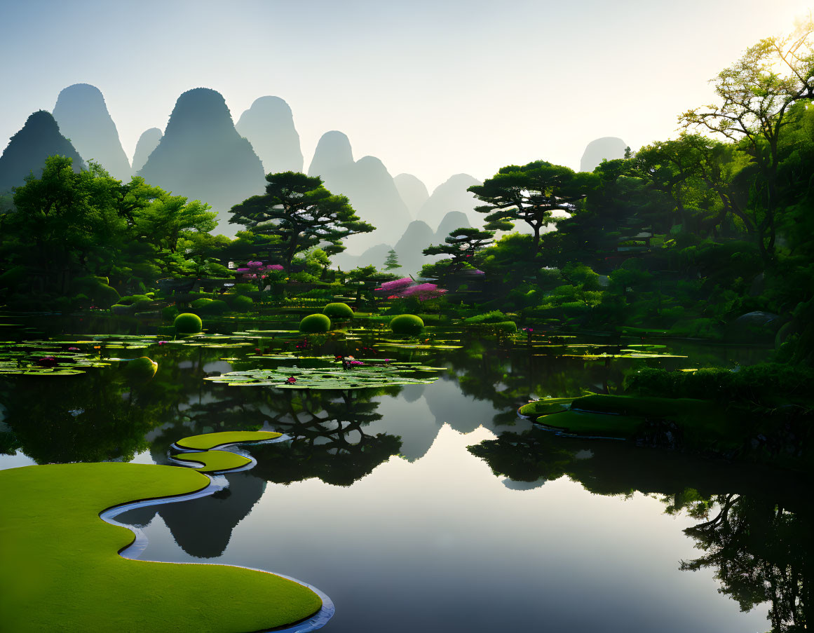 Tranquil landscape with winding path, reflective pond, lush greenery, blooming trees, mist