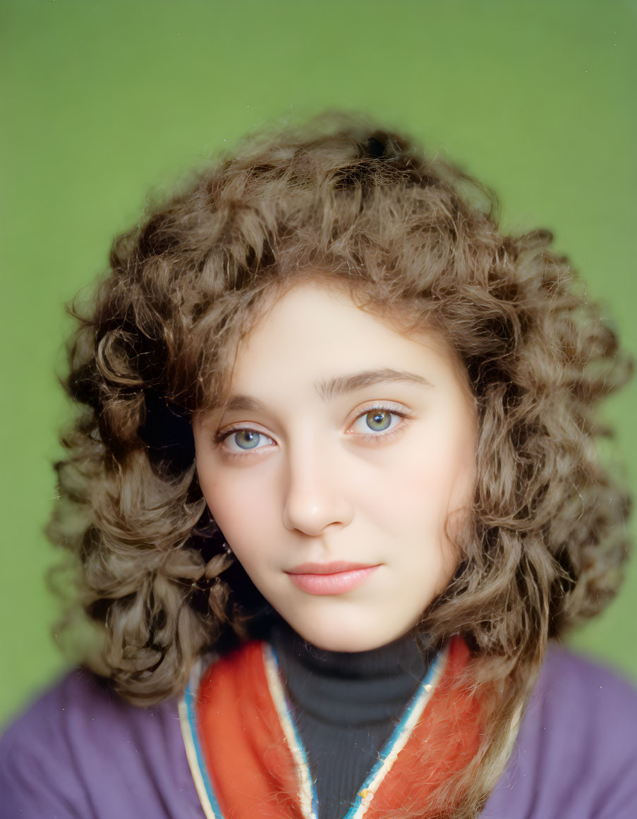 Portrait of young woman with curly hair and blue eyes in high-necked garment on green background