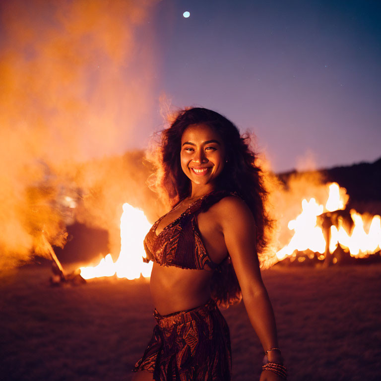 Smiling woman in patterned outfit by bonfire under crescent moon