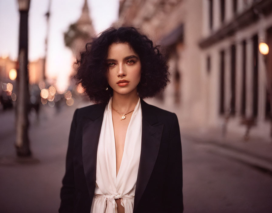 Curly-haired woman in black blazer on city street at dusk