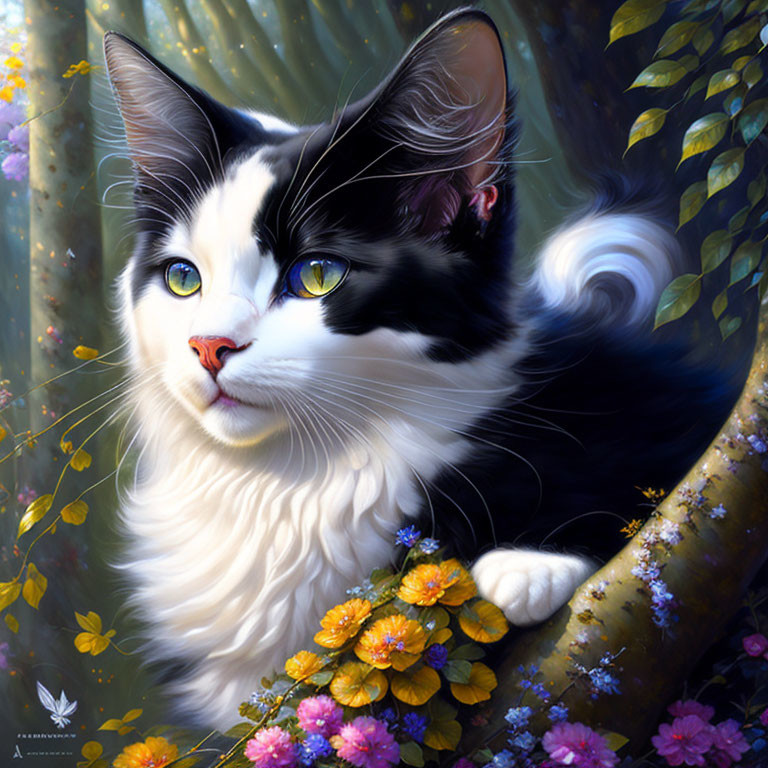 Black and White Cat with Blue Eyes on Branch Among Yellow and Orange Flowers