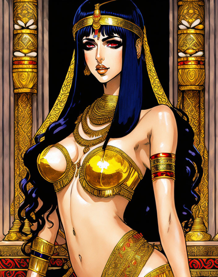 Woman with Blue Hair in Ancient Egyptian Style with Gold Jewelry and Pillars