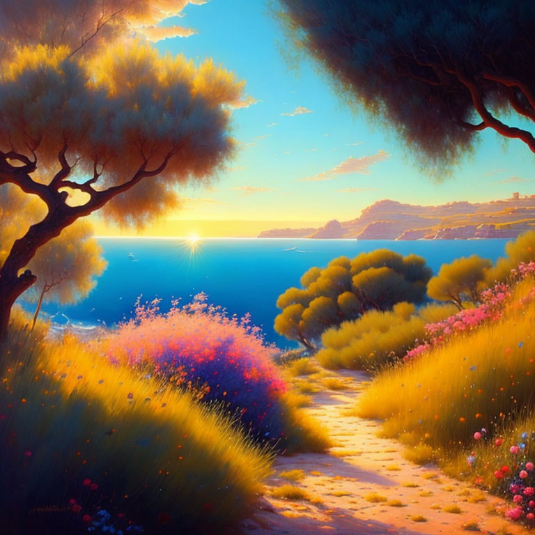 Colorful landscape with sunlit path, flowering bushes, blue sea, golden sunset, and silhouette trees