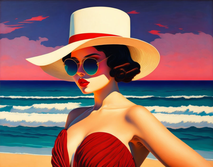 Stylized portrait of woman in wide-brimmed hat at beach