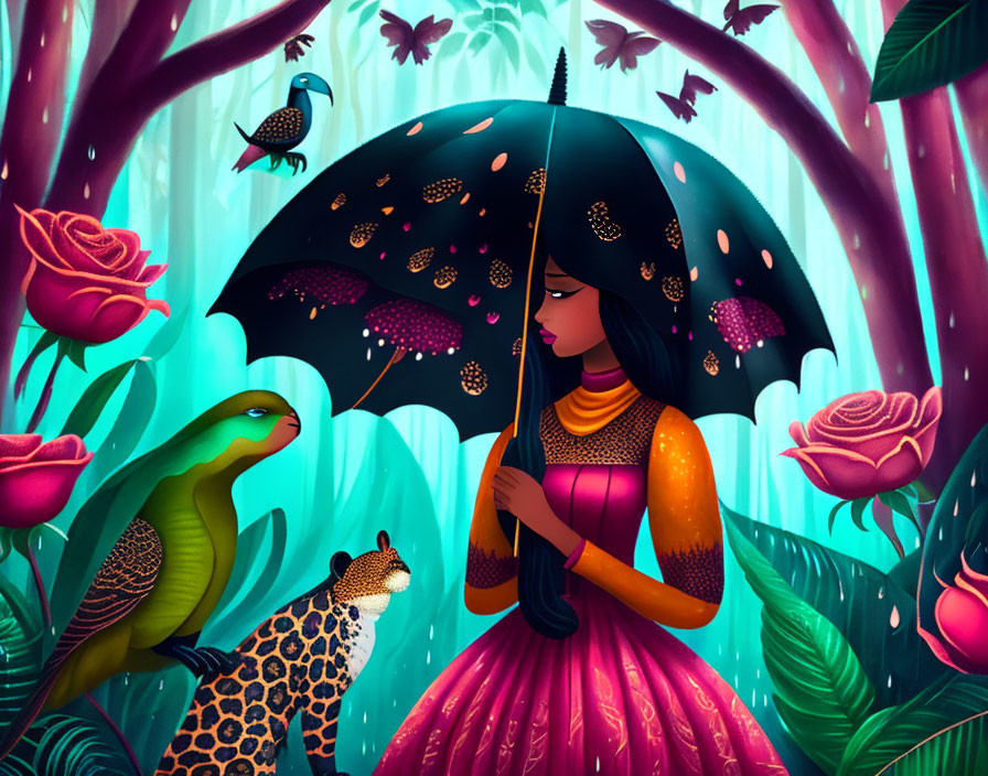 Illustrated Woman with Umbrella in Fantastical Jungle with Parrot, Leopard, and Chameleon