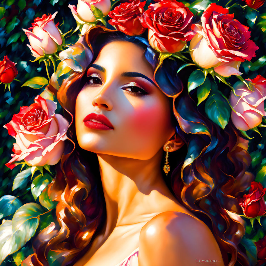 Portrait of a Woman with Floral Crown and Striking Red Makeup