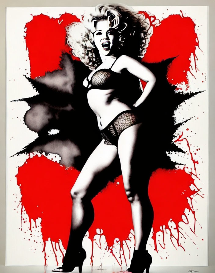 Stylized black and white artwork of a joyful woman in lingerie and high heels against a red spl