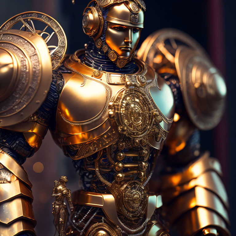 Intricate golden robot with stoic expression on blurred background