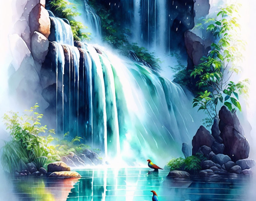 Tranquil digital painting of waterfall and ducks in lush setting