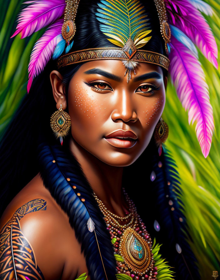 Vibrant tribal accessories on woman in digital portrait